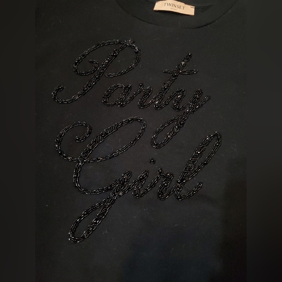 TWINSET Milano "Party Girl" Lace Embroidered long sleeves sweater. Black. Size M - Picture 5 of 9